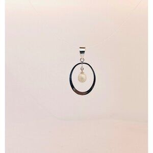 Vintage 925 Sterling Silver Oval Pendant with Natural Pearl Drop, Estate Jewelry